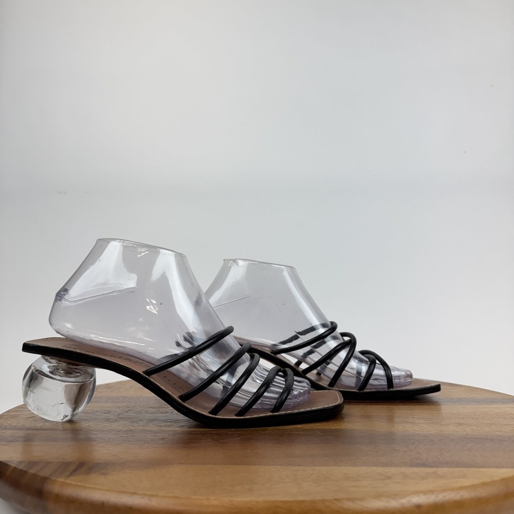 New Womens BCBGMAXAZRIA Astrid Black Leather Crystall Ball Heel Sandals Size 7.5
